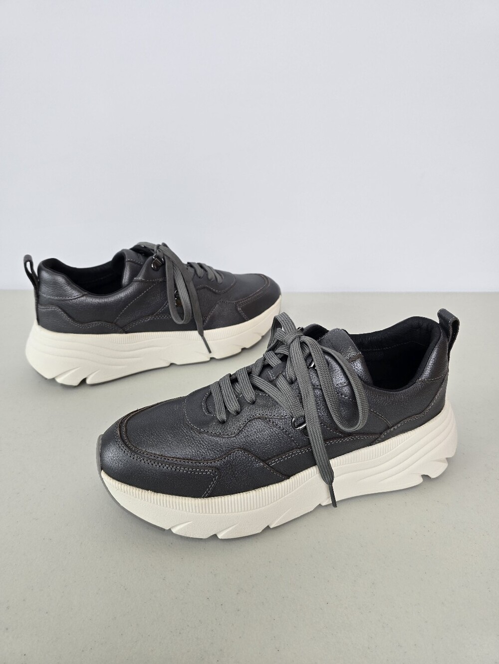 Geox Respira Metallic Gunmetal Chunky Leather Platform Sneakers EU 39 US Size 6